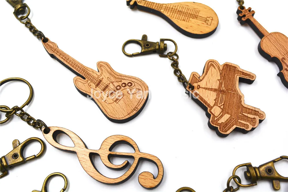 

10pcs Random Wooden Curved Guitar/Drum/Piano/Violin/Pipa Keychain Classical Modern Nation Musical Instrument Key Ring