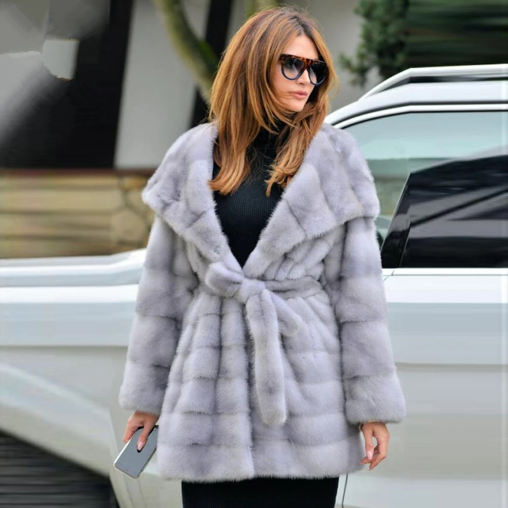 TOPFUR Winter Customized Real Fur Coat Women Natural Mink Fur Medium Coats With Belt Thick Full Sleeves Coats With Fur Hood