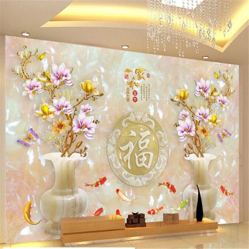 

beibehang 3d custom photo wallpaper murals stickers Home and wealthy jade carving nine fish picture TV back ground wall photo