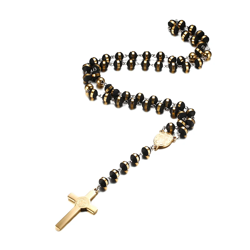 Meaeguet Black/Gold Color Long Rosary Necklace For Men Women Stainless Steel Bead Chain Cross Pendant Women\'s Men\'s Gift Jewelry