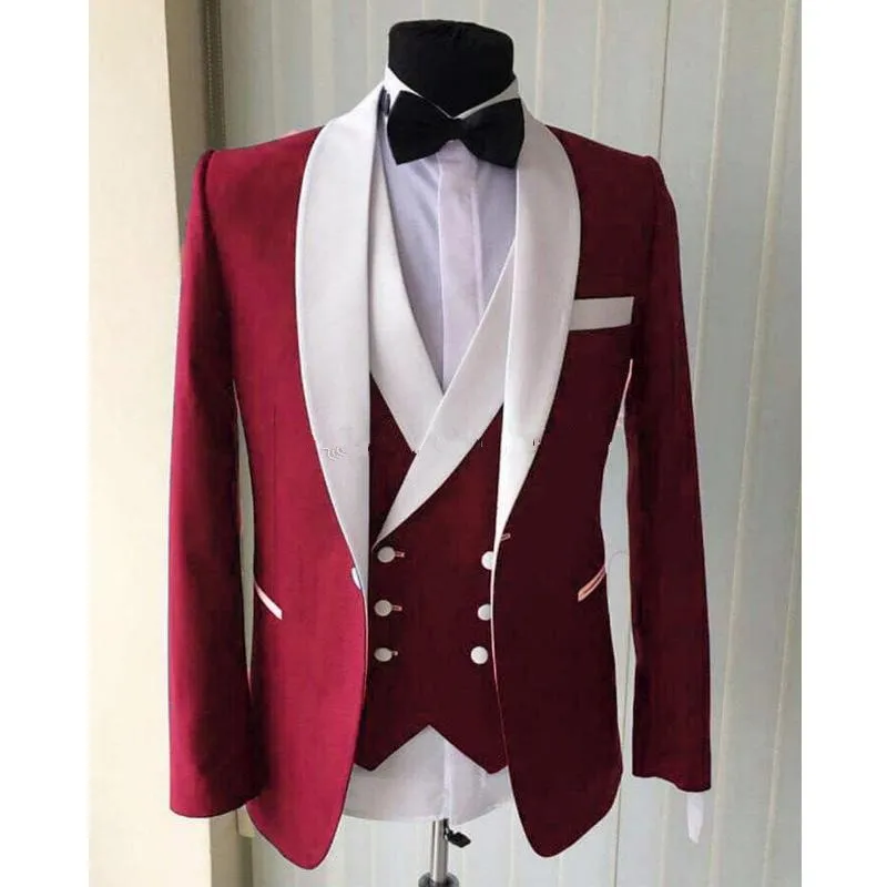 

Latest Jacket Pant Design Custom Men's One-button Red Men's Groom Dress Slim Fit Suit 3 Pieces Jacket+Pants+Vest+Bowtie