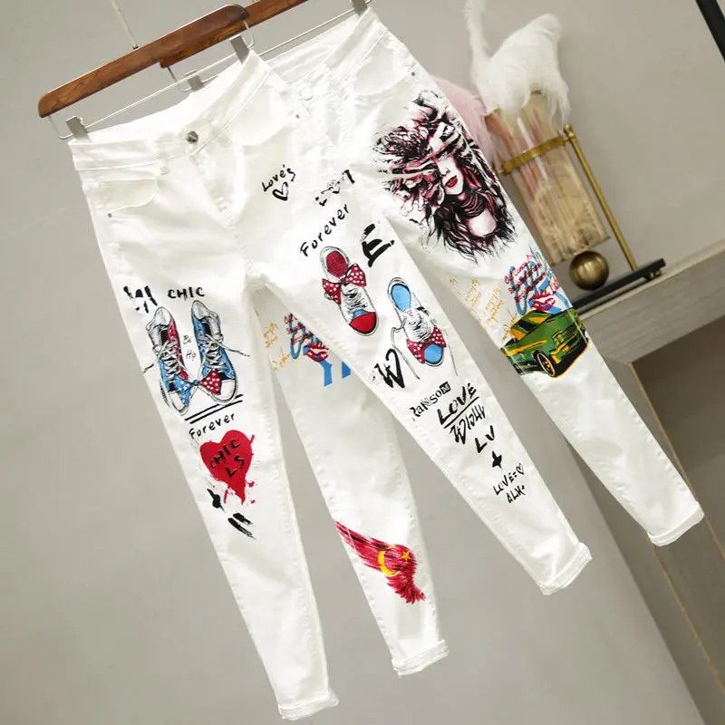 

Summer Spring Women denim jeans Cartoon Graffiti flowers print skinny stretched jeans pencil pants denim slim capris jeans NZ60