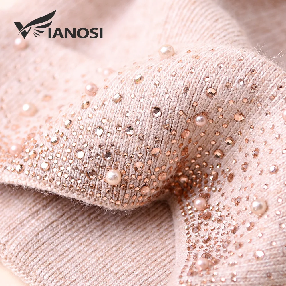 VIANOSI Knitted Winter Hat Women Thick Female Beanies Warm Cap Rhinestone Pearl Wool Hats for Women