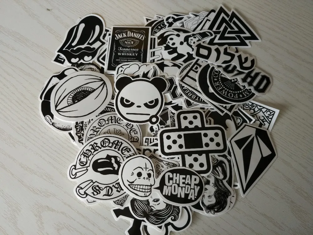 100pcs Hot Black and White Stickers Graffiti Funny Sticker for Laptop Suitcase Skateboard Moto Bicycle Car Kid's Toy Stickers