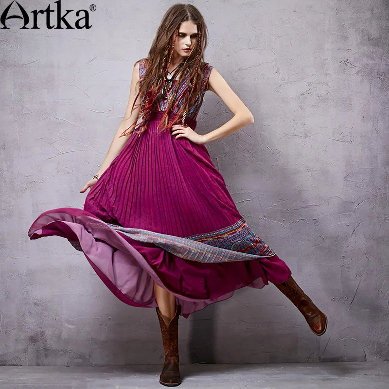 ARTKA Women\'s 2018 Summer Ethnic Printed Chiffon Two-pieces Dress Fashion Sleeveless Empire Waist Draped Hem Dress LA14550X