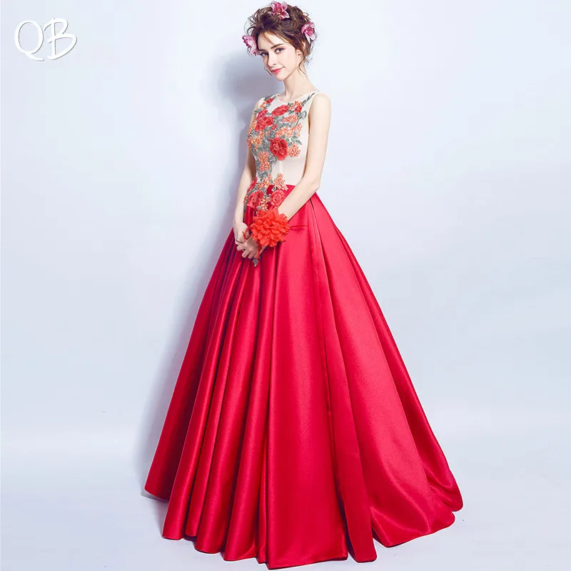 Vestido de noite vermelho acetinado com apliques florais, elegante, longo, formal, vestido de baile, nova moda 2019, xh93