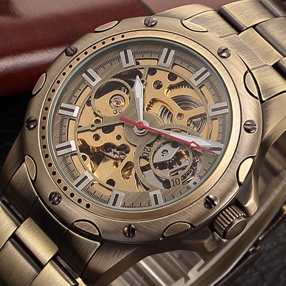 SHENHUA Mens Watches Vintage Clock Bronze Skeleton Automatic Wristwatch Mechanical Self Winding Steel Strap Relogio Masculino