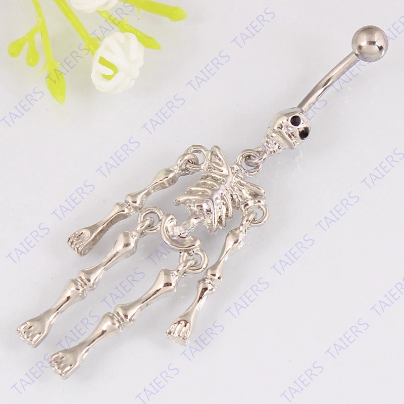 Body Skull belly button ring Skeleton body piercing jewelry Retail navel ring belly bar 14G 316L surgical steel bar