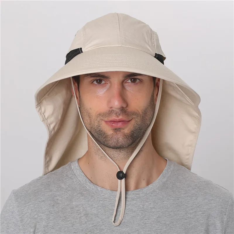 Chapeau de Soleil d\'Été en Coton pour Homme et Femme, avec Rabat de Cou, Protection UV en Plein Air, Large Bord, Randonnée, Pêche, Safari, E27