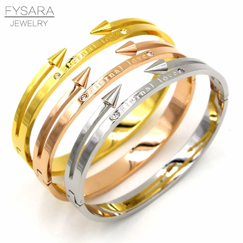 FYSARA Stainless Steel Luxury Brand Nail Arrow Bangles Bracelets For Women Zirconia Ctystals Couple Bangles Punk Jewelry