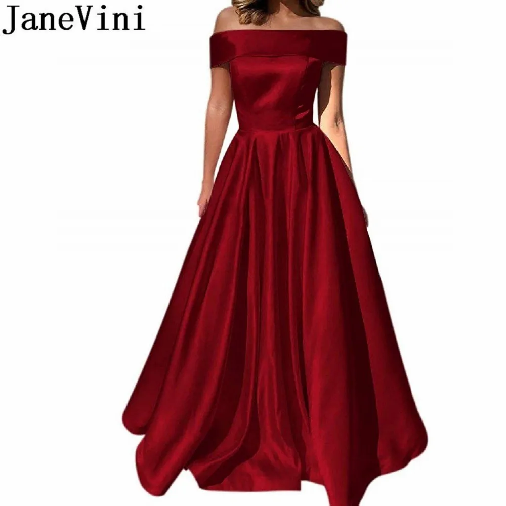 

JaneVini Off Shoulder Evening Dresses With Pockets Ladies Satin Gown Burgundy Long A Line Prom Formal Party Dress vestito lungo