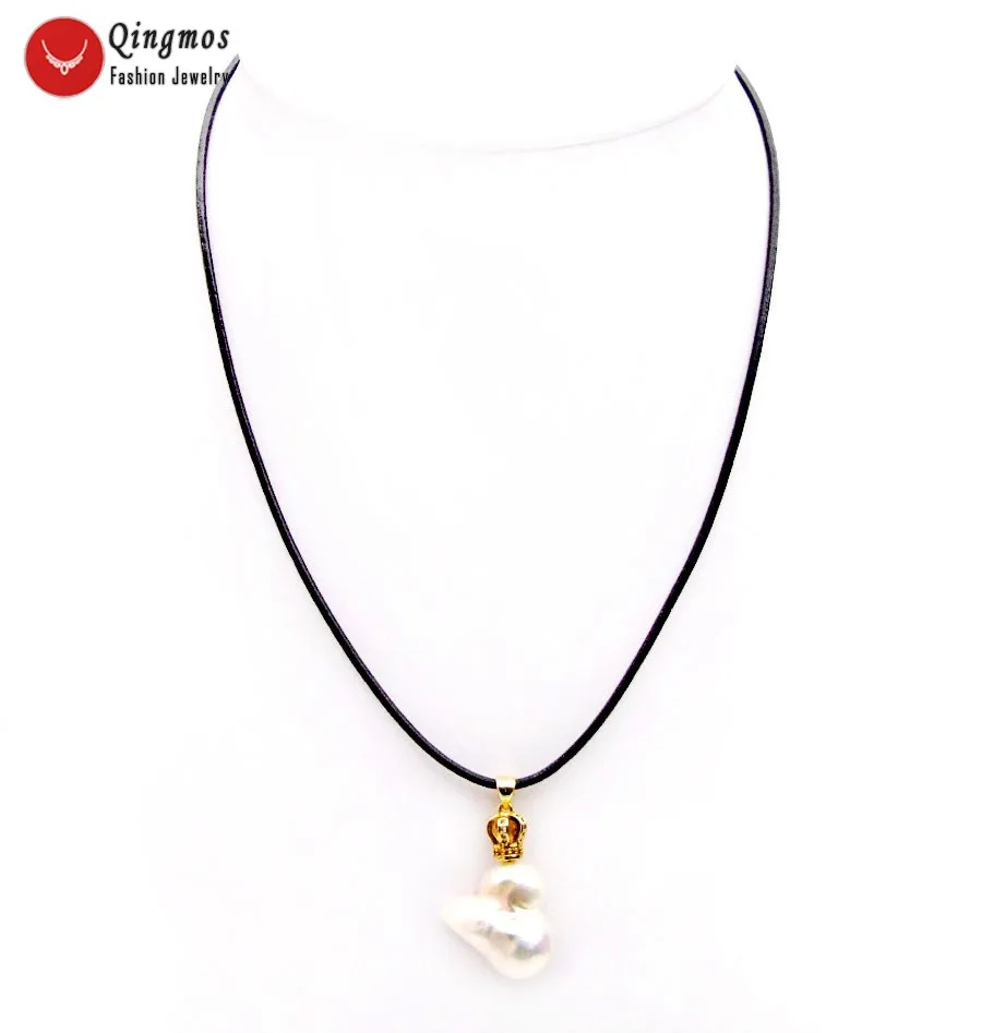 Qingmos Baroque White Pearl Pendant Necklace for Women with Crown Pendant Connector & Black Leather Rope Jewelry 17-19'' nec6523