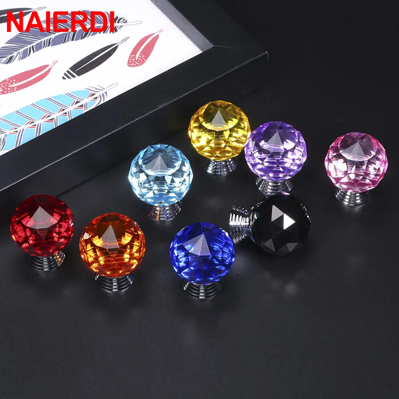 NAIERDI 30mm Round Diamond Crystal Glass Knobs Cupboard Pulls Colorful Drawer Knobs Kitchen Cabinet Handles Furniture Handle