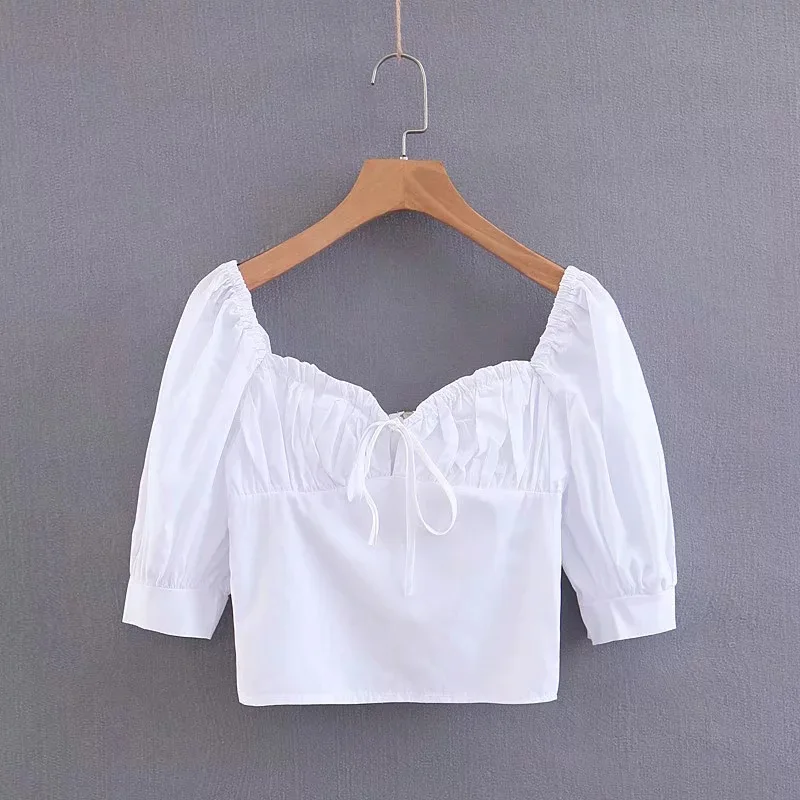 Short Puff Sleeve Top Shirt Women V Collar Spring Summer Pure Color Blouses Girl European American Casual Sweet Shirts H9187