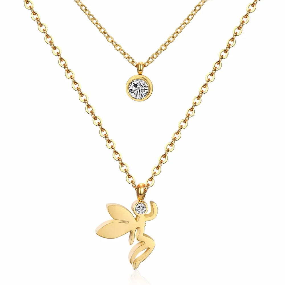 LUXUSTEEL Fashion Moon/Music Note/Fairy Shape Double Chain Necklace Steel Golden Color Charm Crystal Pendant Necklace Female