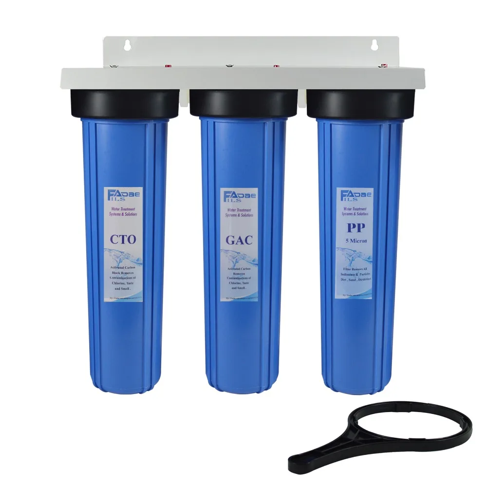 

3-Stage Whole House Water Filtration System 1 inch port with 20-Inch Big Blue Sediment ,GAC ,Carbon Block Filters include wrench