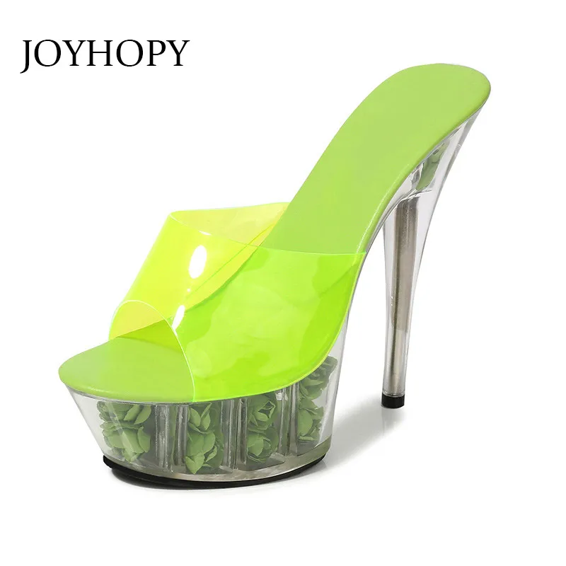 2020 New Flower Platform Sandals Women Thin High Heels Summer Shoes Woman Party Wedding Transparent Crystal Slippers WS0118