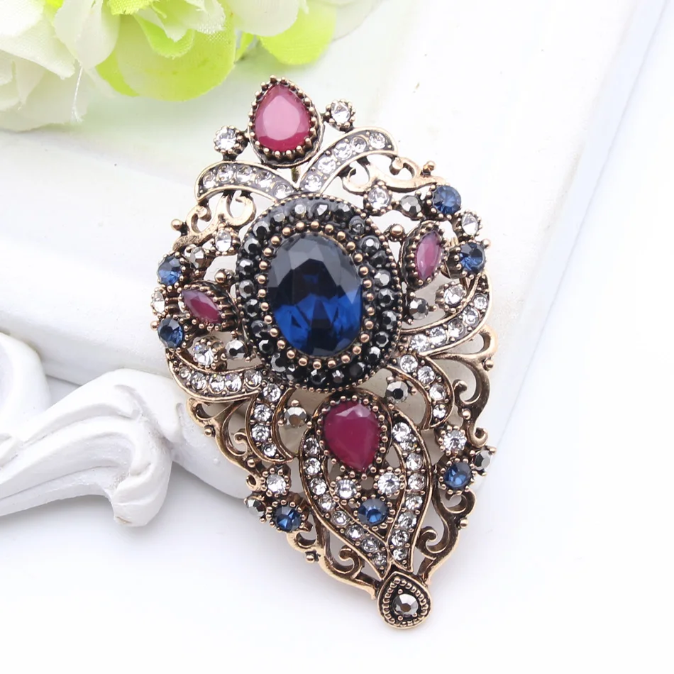 Vintage Turkish Women Flower Brooches Pins Antique Gold Color Resin Broches Brooch Pendant Dual-Purpose Ladies Ethnic Jewelry