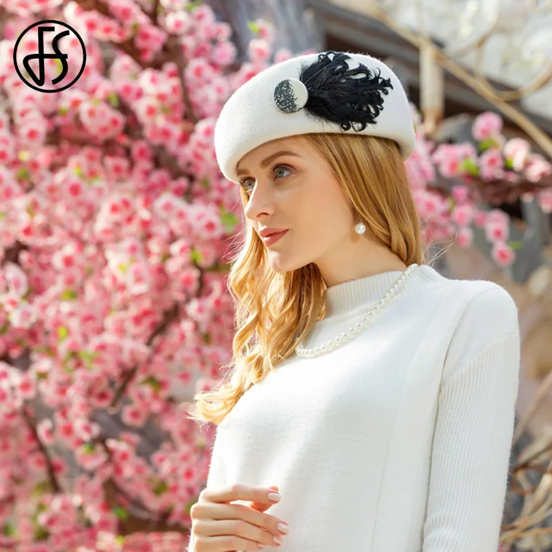 FS francuski wełna biały czarny berety dla kobiet moda zima czuł czapki Feather berety Femme stewardesa kapelusz do kościoła Fedoras
