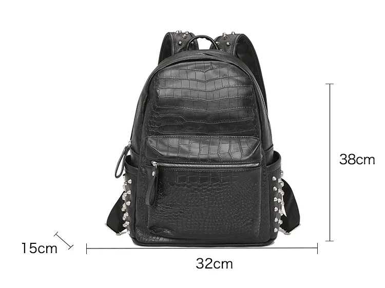 Fashion rivets men backpack Large capacity Crocodile pattern man laptop backpack 15.6 Casual Travel bag pu leather Bagpack black