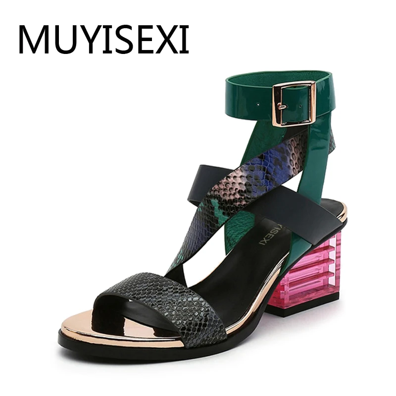 Gladiator Sandals Women Mixed Color Cross Strap Transparent Square Heel Genuine Leather Narrow Band Shoes HL157 MUYISEXI