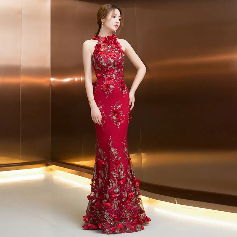 Red Mermaid Evening Dresses Halter Sleeveless Long Formal Party Dresses 3D Lace Embroider Floor Length Trumpet Evening Dresses