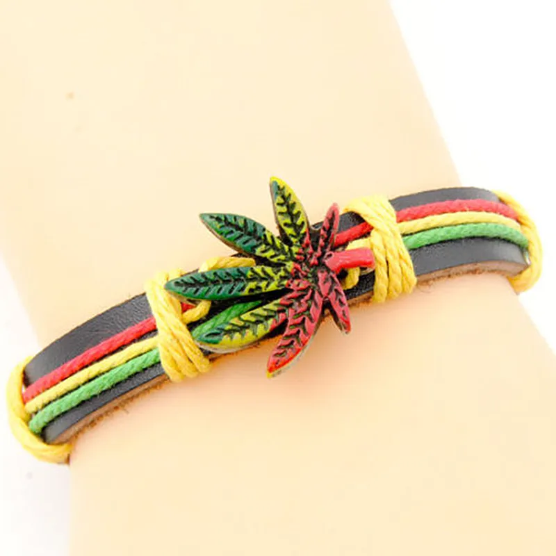 Fashion Maple leaves Rasta Hemp Wrap Leather Bracelet adjustable rope bangle gift MB103