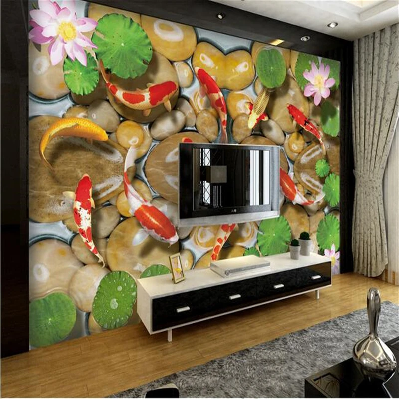 

wellyu photo wall mural Custom wallpaper Nine fish figure lotus carp carp stone background wall large carta da parati