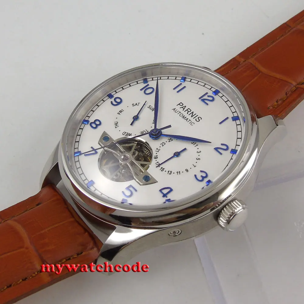 43mm parnis white dial date brown strap ST2552 automatic movement mens watch 902