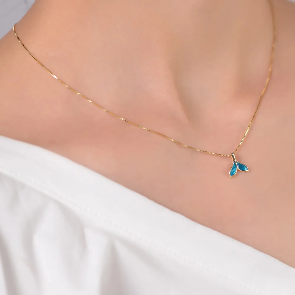 SA SILVERAGE Gold Color Plated Chain Link Necklace Real 925 Sterling Silver Blue Color Mermaid Tail Pendant Necklaces 925 Silver