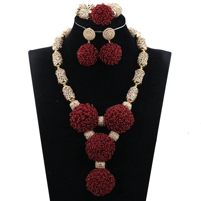 2017 Burgundy Beaded African Costume Jewelry Set Luxury Wine Burgundy Dubai Bridal Women Jewelry Set for Nigerian Wedding ABH384