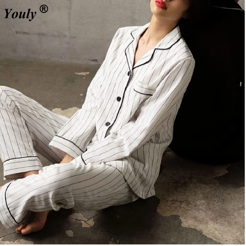 Pajamas Sets Women 2022 Striped Casual Cotton Long Sleeve Sleepwear Suit 2 Piece Sets Spring Homewear Lounge Pants Suits