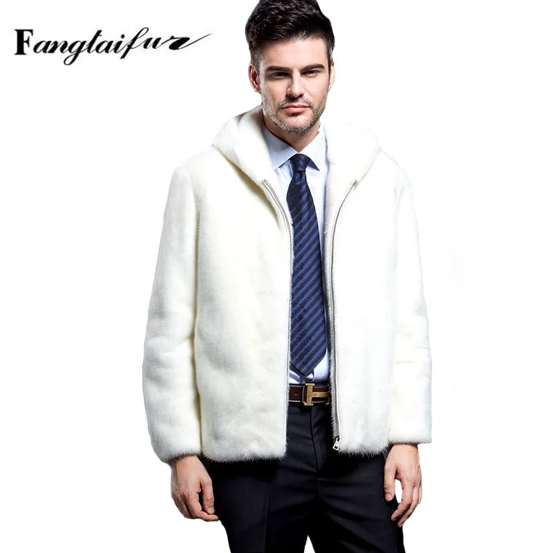 

Ftangaiur Winter Men Jacket Import Velvet Mink Fur Coat Pure White With Hood Mink Coats Short Smart Causal Real Mink Fur Coats