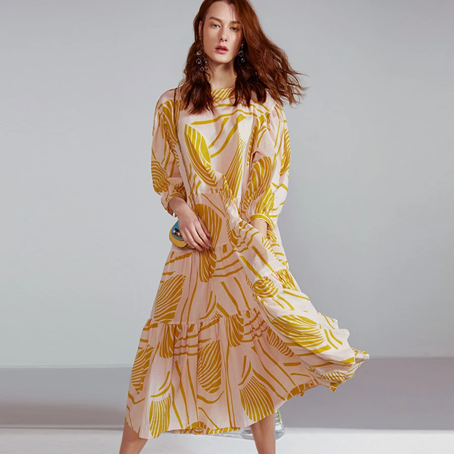 

TEELYNN long A-line dresses cotton floral print boho dress o-neck 2019 autumn dresses loose midi women dresses Vacation vestido