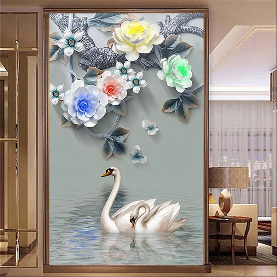 

beibehang Custom wallpaper 3d mural three-dimensional relief flower swan porch background wall living room bedroom 3d wallpaper