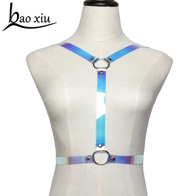 

Sexy Body leather Harness Transparent color Slimming Waist Belts women Metal circle Rainbow PVC punk Body Bondage Cage Straps