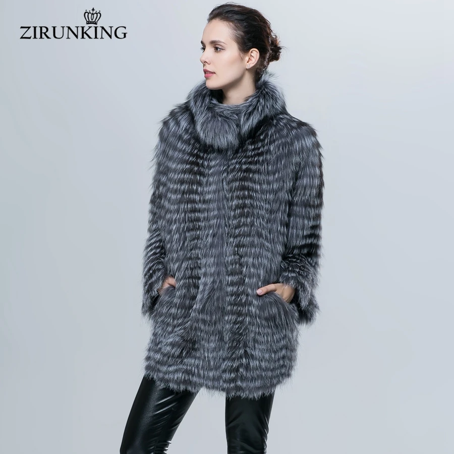 Zirunking-本物のキツネの毛皮のコート,女性のためのバットスリーブのジャケット,本物のシルバーのストライプの毛皮のオーバーコート,秋のファッション,zc1623