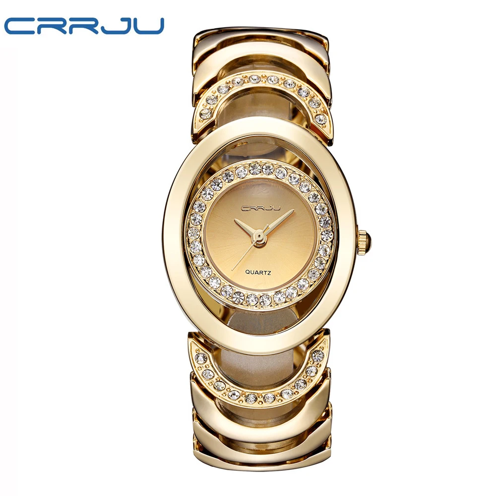 

CRRJU Brand Luxury Crystal Gold Watches Women Ladies Quartz Wristwatches Bracelet Steel Watch Relogio Feminino Relojes Mujer