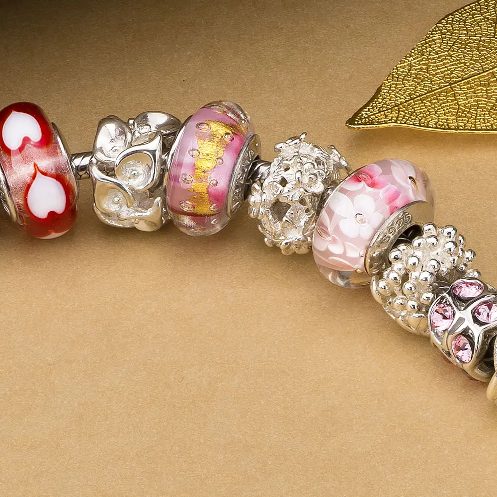 ATHENAIE Genuine Murano Glass 925 Sterling Silver Core Gold Foil Charms Beads Fit All European Bracelets Color Pink forValentine