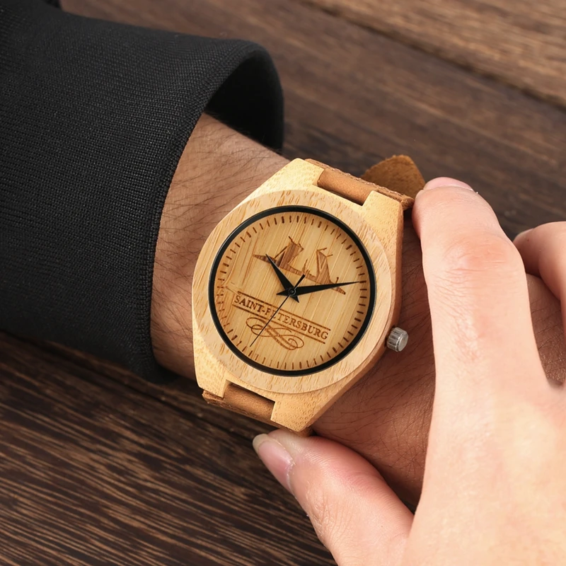 Sports Wooden Watches Men's  Creative Engraving Saint Petersburg Wood Bamboo Quartz Wristwatches Russian Souvenirs for Men Women