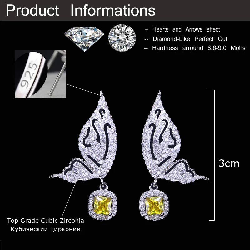 CWWZircons New Trendy Dangling Yellow Cubic Zirconia Pave Lovely Cute Fly Butterfly Shaped Drop Earrings for Women CZ191