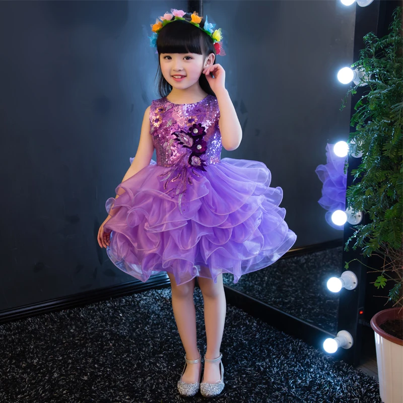 Children Short Birthday Party Cupcake Pageant Clothes Sequins Wedding Princess Dresses Lavender Yellow Red Ball Gown Dress Kids