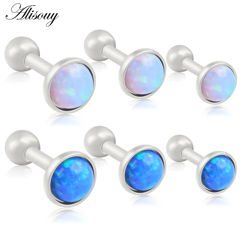 Alisouy wholesale 3pcs/lot 316L Stainless Steel 16g 3/4/5mm Opal Stone Fashion Ear Tragus Stud Men Earrings Piercing screw back