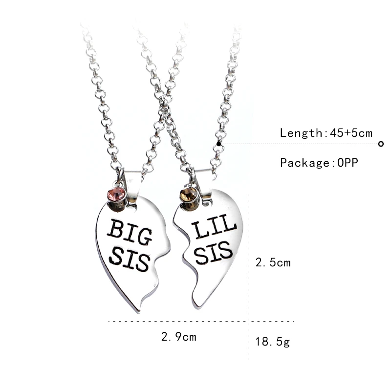 2pcs/set Heart Big SIS LIL SIS Necklace For 2 Handstamped BFF Couple Chains Pendant Family Necklace Engraved Girl Sister