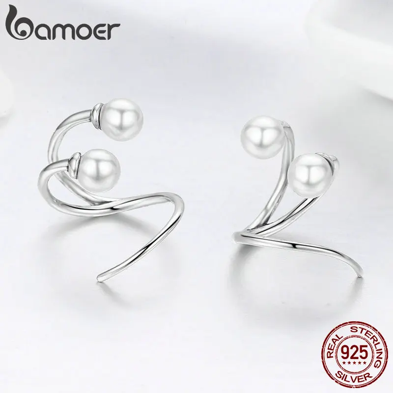 Bamoer 100% 925 Sterling Silver Anting-Anting Elegan Mutiara Anting-Anting Anting-Anting untuk Wanita Perhiasan Perak SCE306