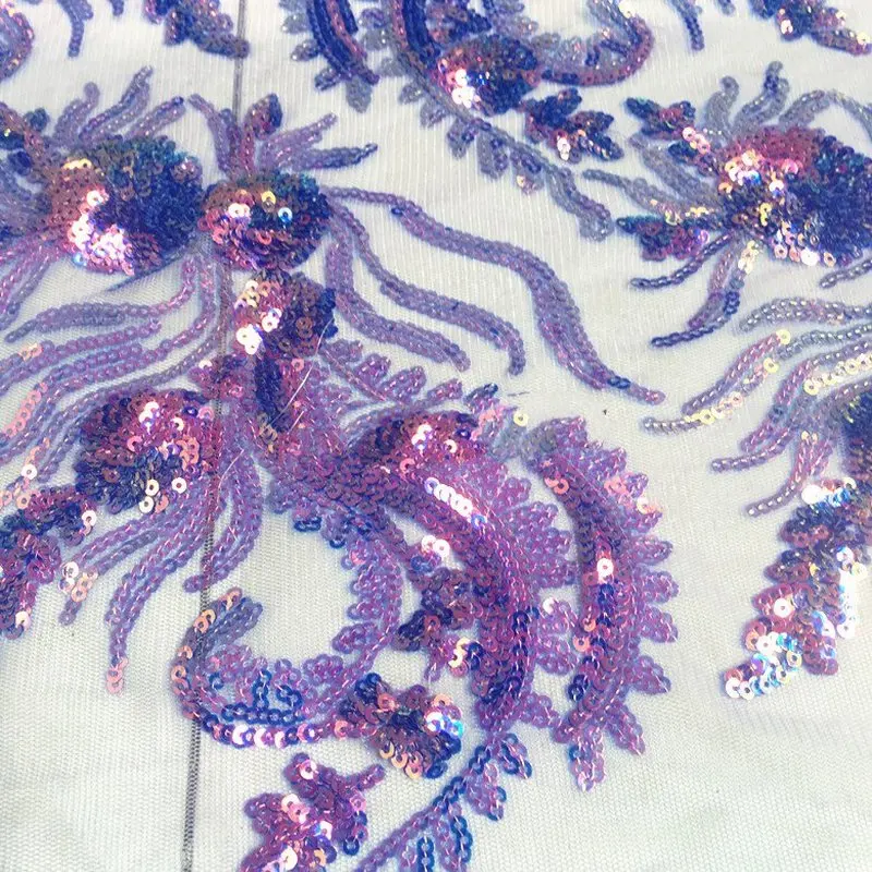 GLace 1Y/Lot mesh lace purple pink gradient sequins fabric for mesh embroidered Phoenix tail sequin cloth TX841