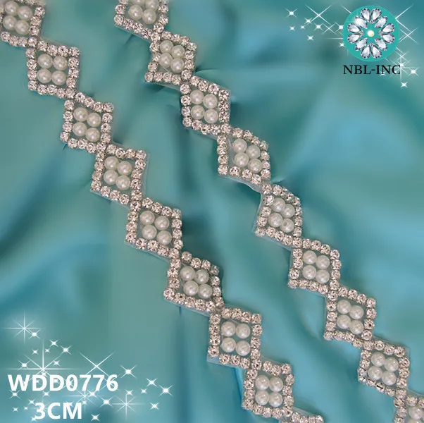 

(10 yards) Wholesale bridal hand beaded sewing silver crystal rhinestone pearl pplique trim iron on for wedding dresses WDD0776