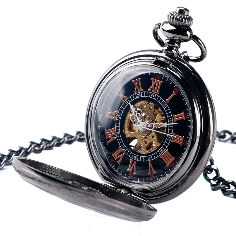 New Arrivals Fashion Black Hollow Pocket Watch Mechanical Hand Wind Timepiece Carving Flowers Clock Necklace Accessory Gift