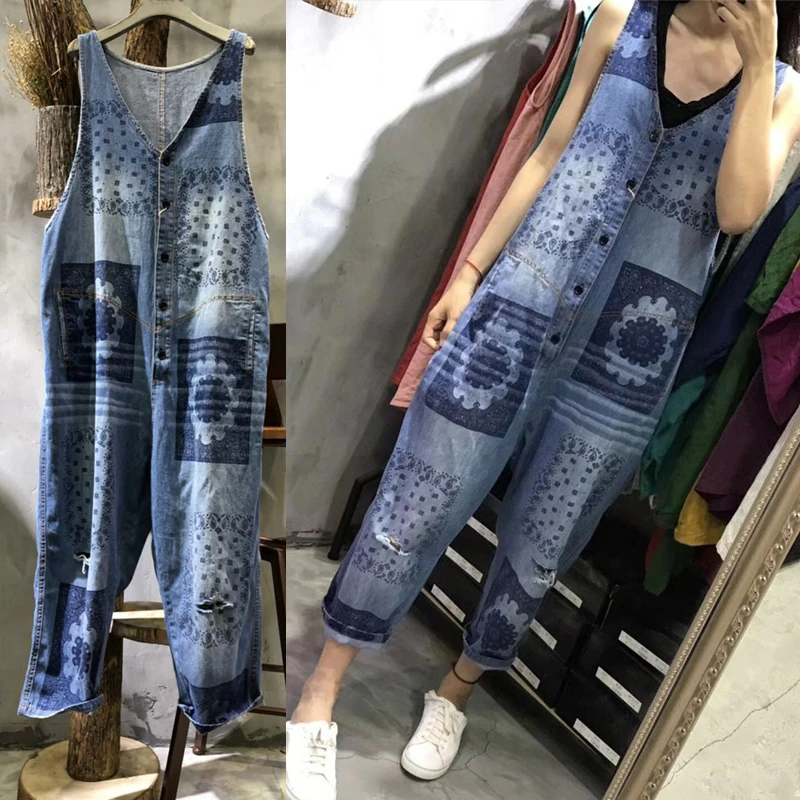 Salopette en Denim à simple boutonnage et col en v, combinaison ample et pantalon Long, nouvelle mode imprimée, livraison gratuite, printemps été 2019