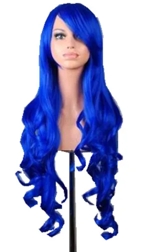 Fei-Show Synthetic Heat Resistant Blue Carnival Long Curly Women Hair Female Salon Halloween Costume Cos-Play Party Hairpiece